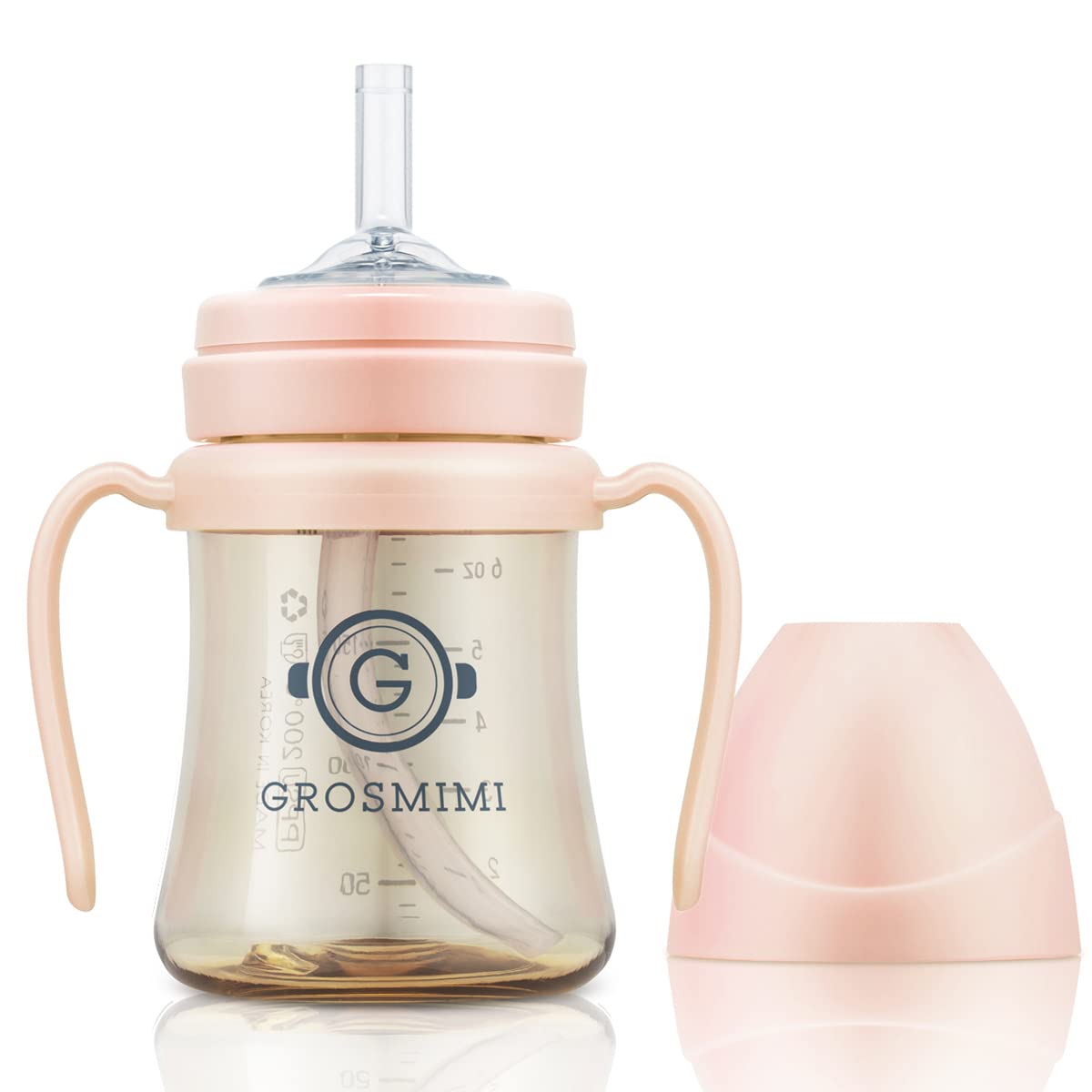 GROSMIMI spill-proof sippy cup with straw and handle in peach for easy, mess-free toddler meals.