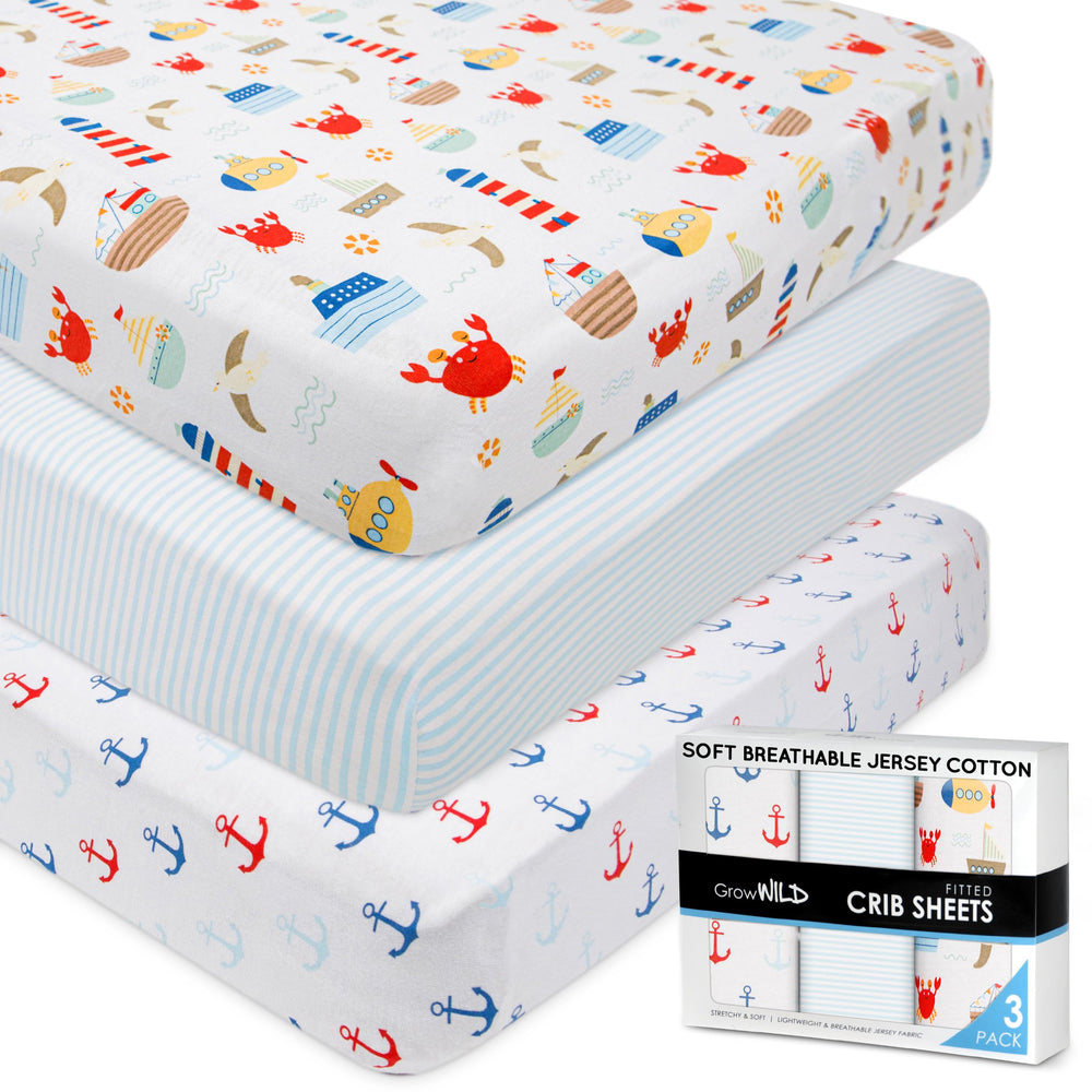 Grow Wild anchors and ships crib sheet pack with nautical design for calm nursery.
