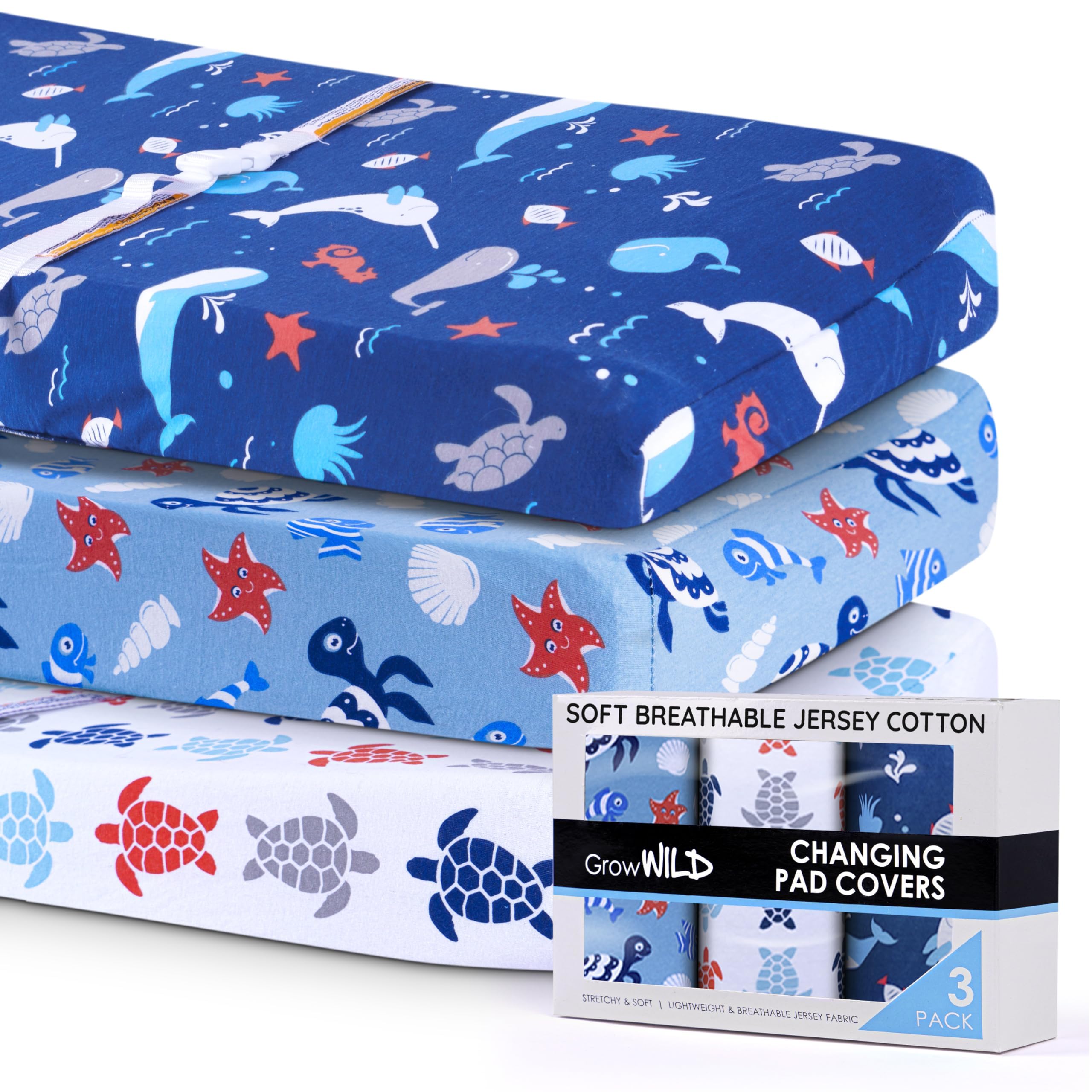 Grow Wild changing pad cover Under the Sea close-up highlights jersey cotton softness and durability.
