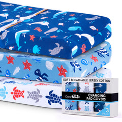 Grow Wild changing pad cover Under the Sea close-up highlights jersey cotton softness and durability.