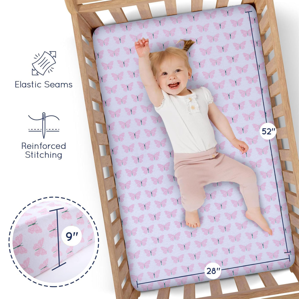 Grow Wild crib sheets feature reinforced stitching for durable daily use