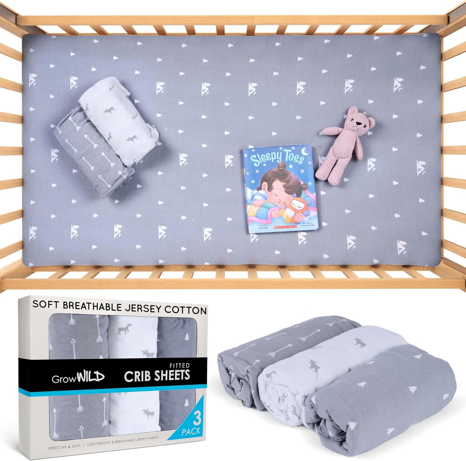 Grow Wild jersey-knit crib sheets close-up showing soft breathable texture.