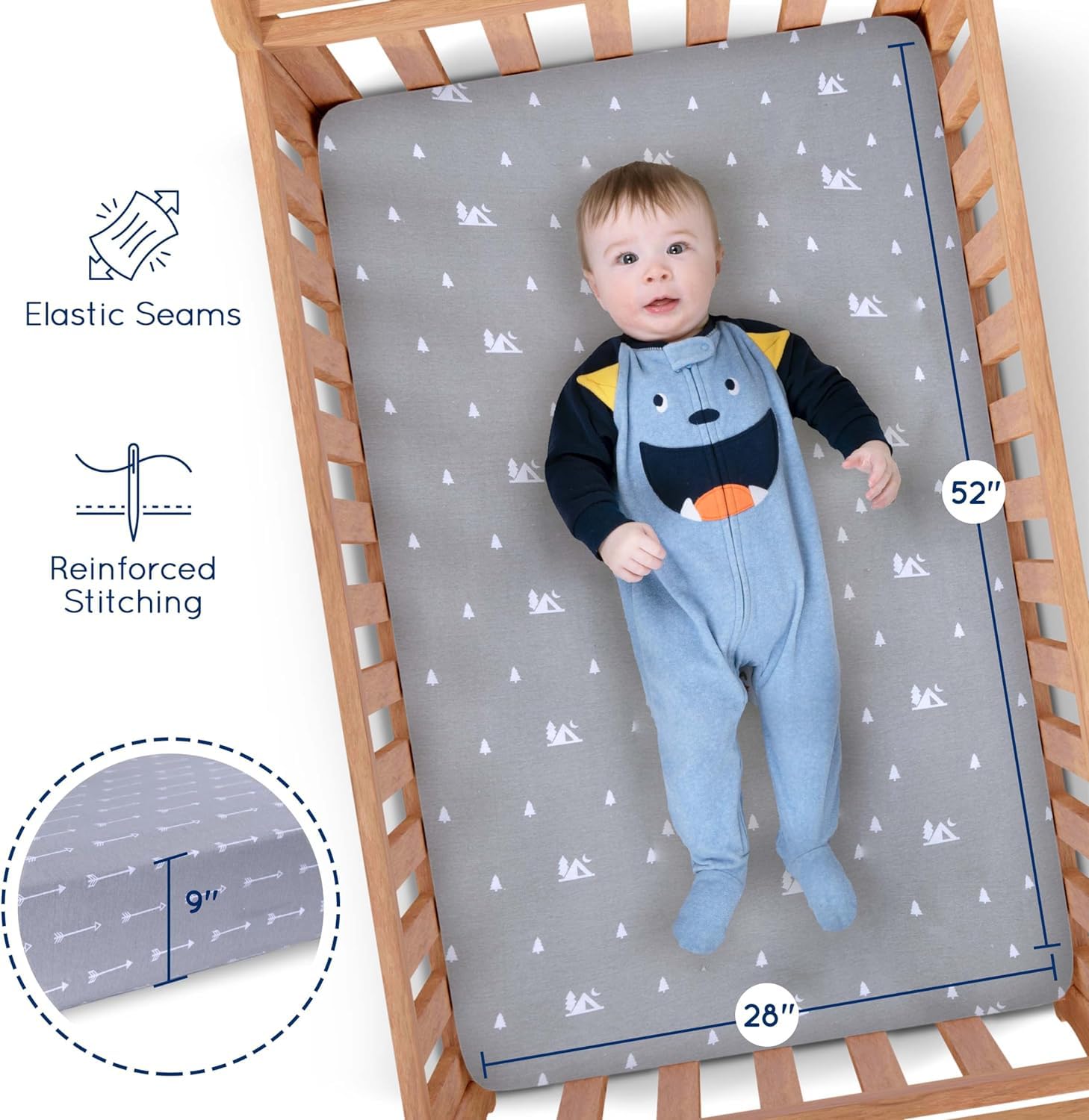 Grow Wild crib sheets with reinforced elastic edge delivering secure fit.