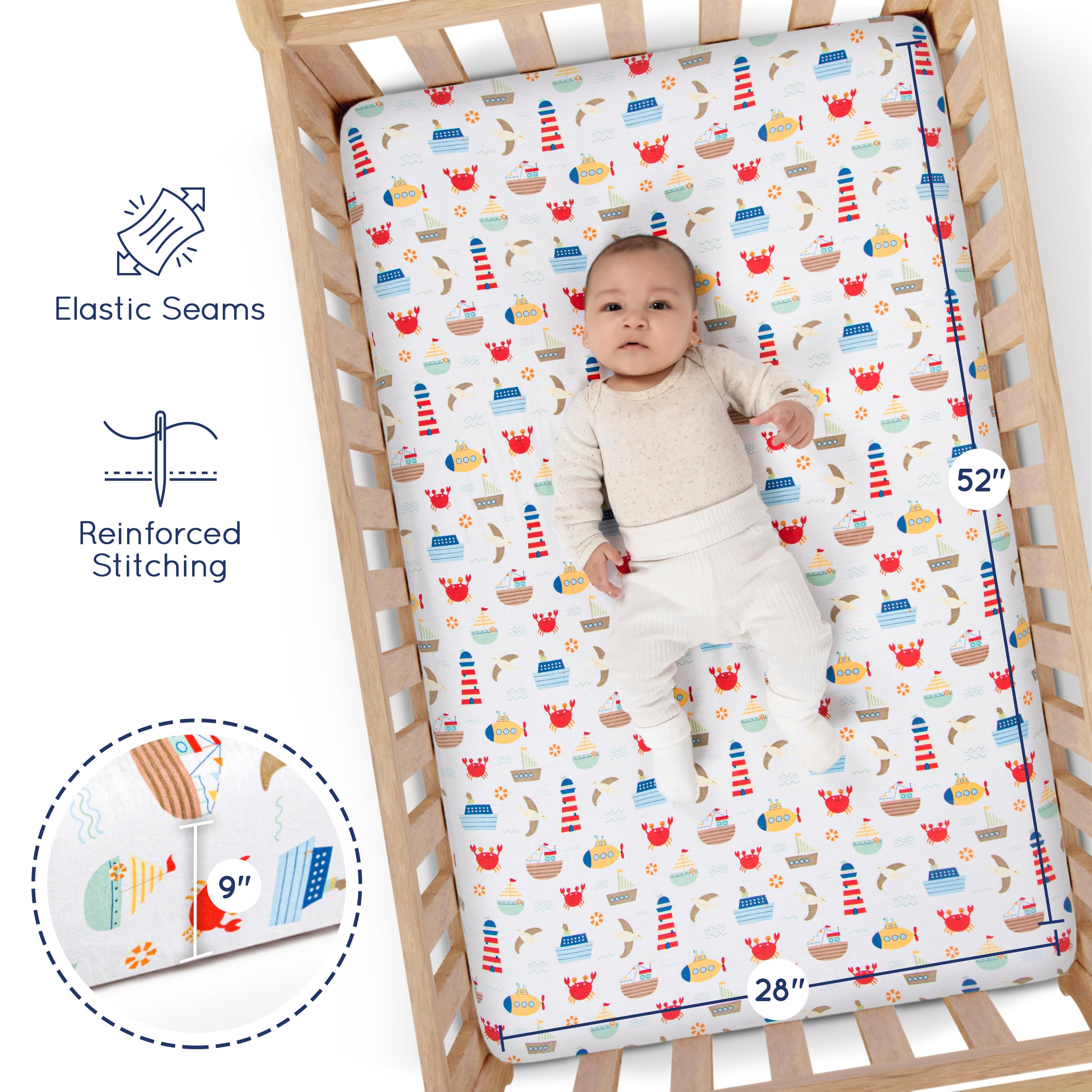 Grow Wild elastic edge crib sheet demonstrates snug, secure fit on standard mattress.