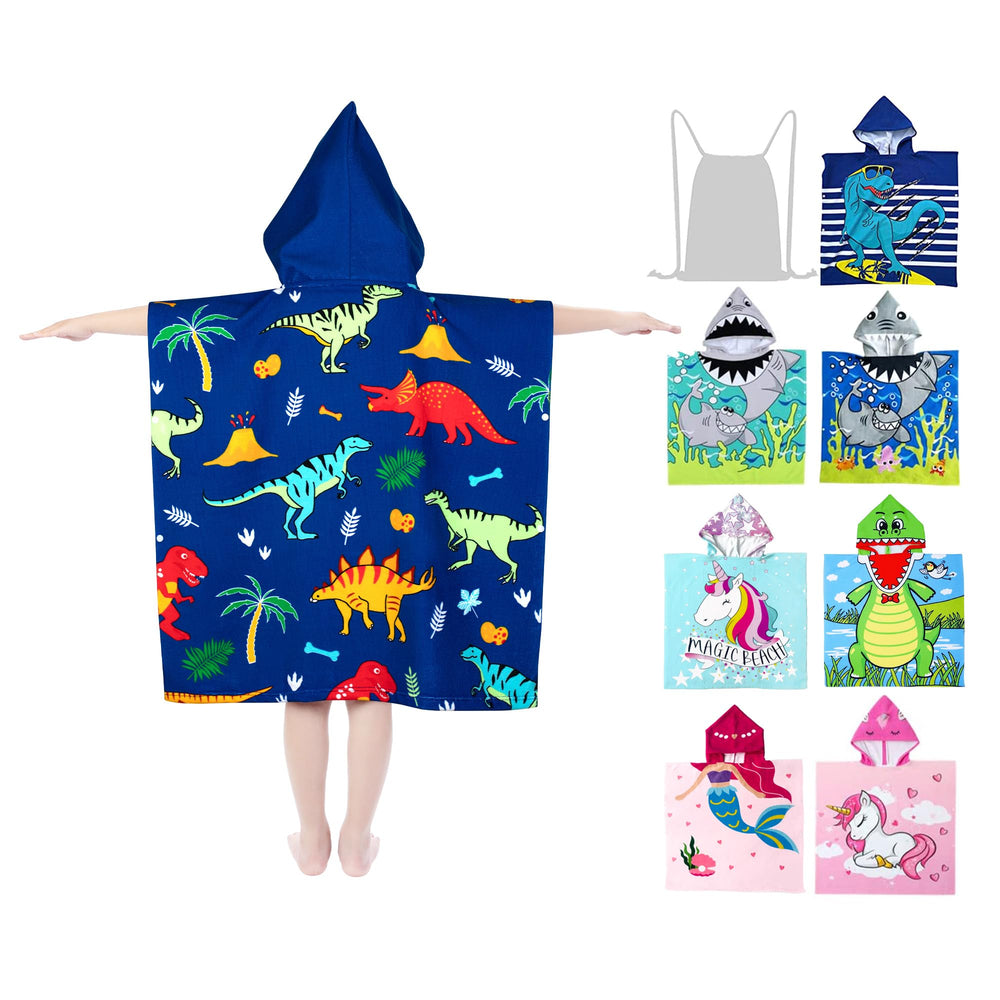 Growell hooded kids beach towel with dinosaur blue hood detail for easy post-swim warmth.