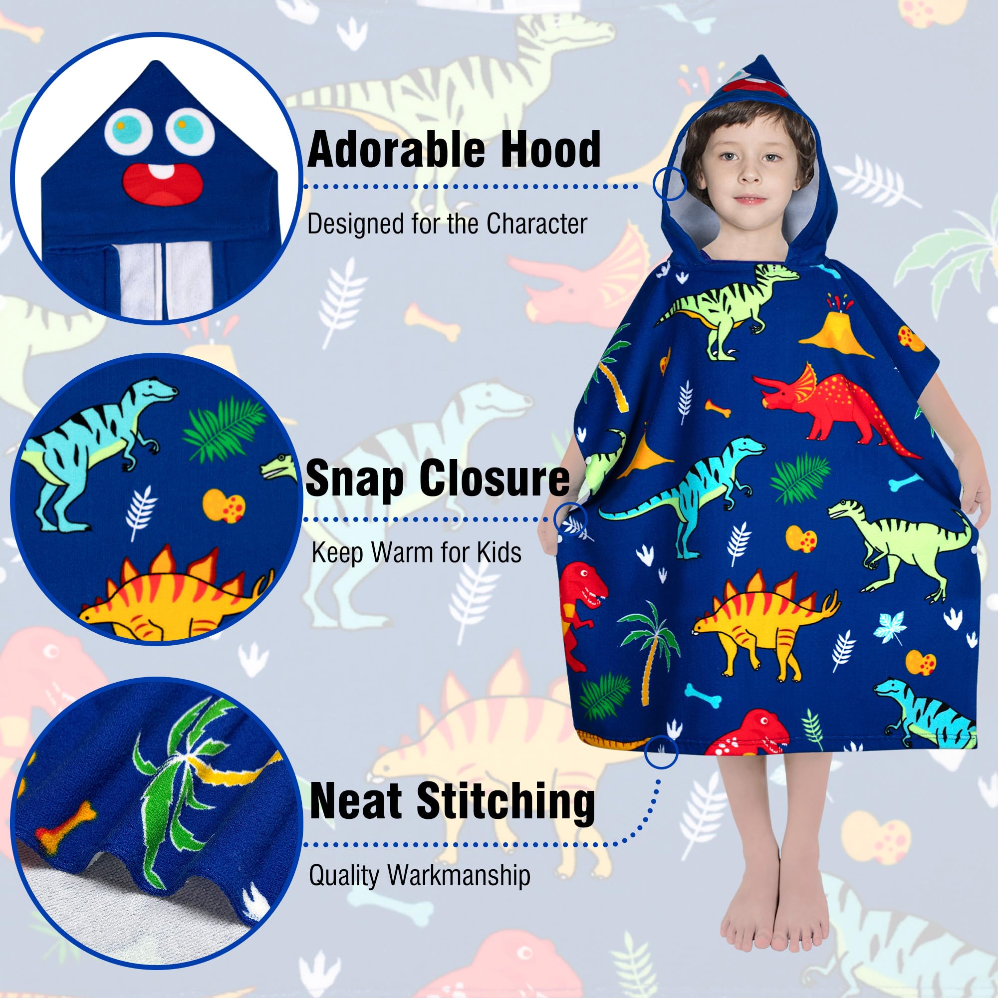 Growell dinosaur blue hooded towel features side snaps for easy wear and hands-free use.