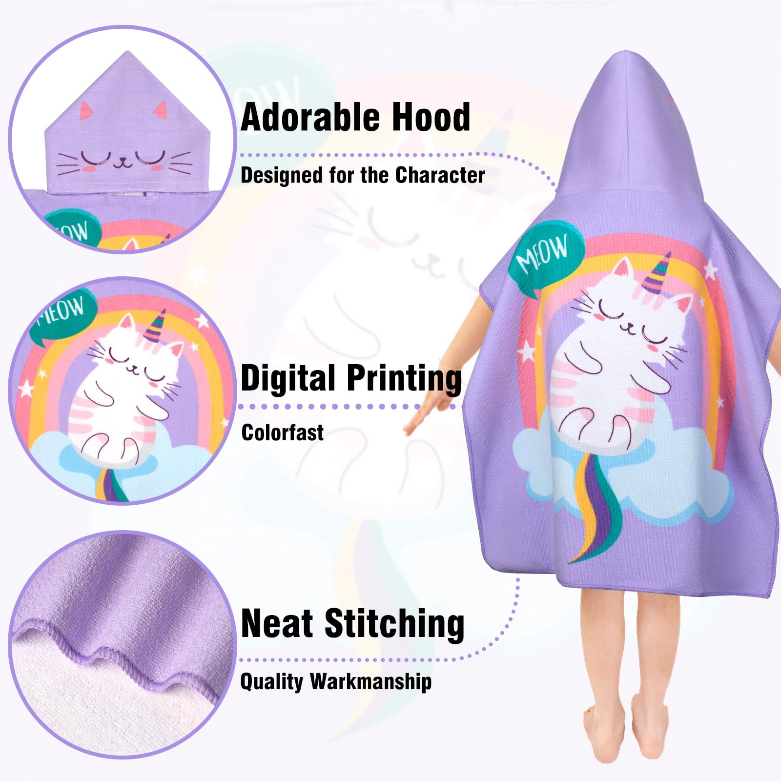 Growell hooded kids towel Cat Purple brushed soft fabric close-up highlights plush comfort