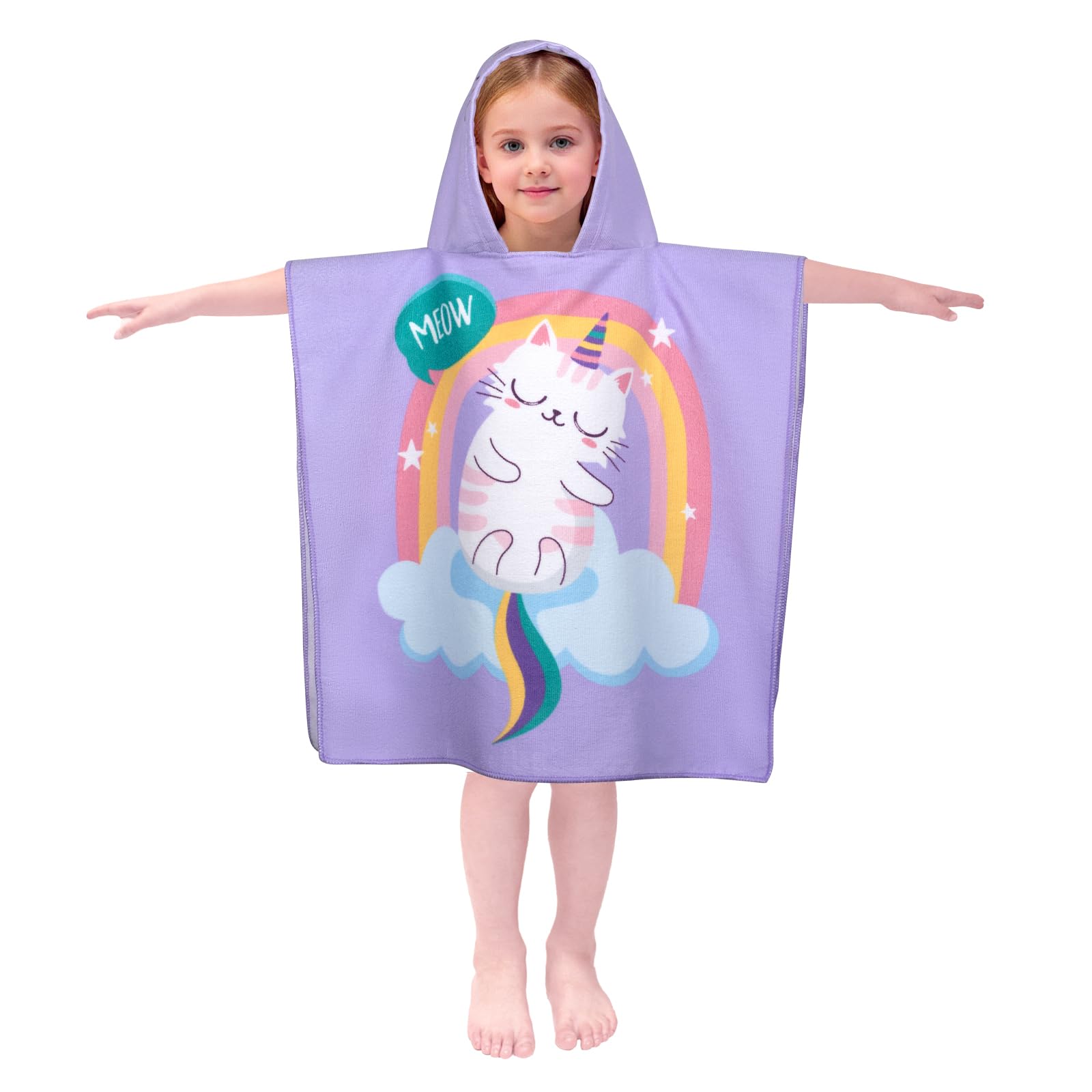 Growell hooded kids towel Cat Purple front view shows cozy poncho for quick-dry after swim