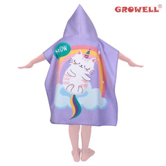 Growell hooded kids towel Cat Purple worn as poncho for hands-free drying