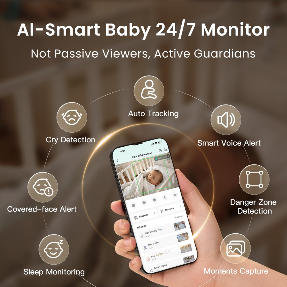 Growing MONAI baby monitor 6x zoom highlights close-up details from the crib area.