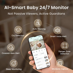 Growing MONAI baby monitor 6x zoom highlights close-up details from the crib area.