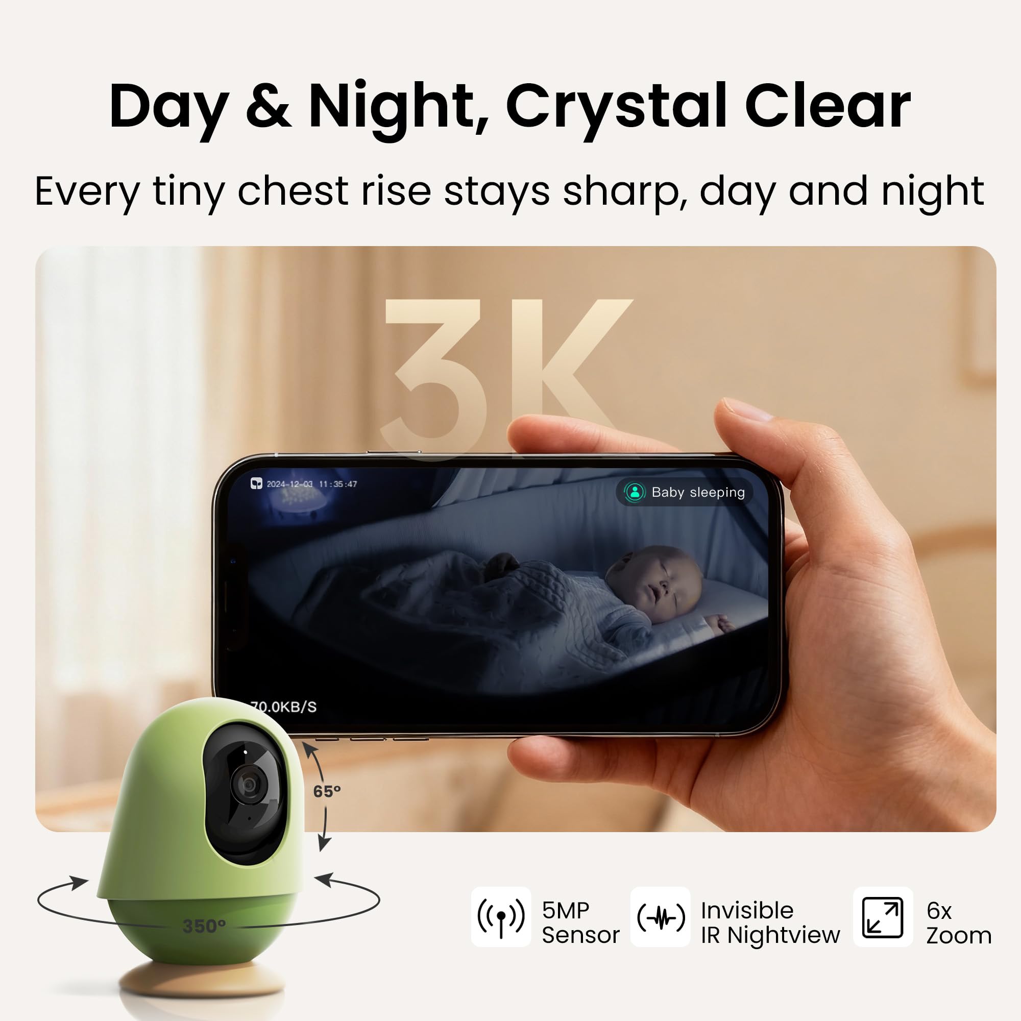 Growing MONAI baby monitor night vision uses infrared to see in low light.