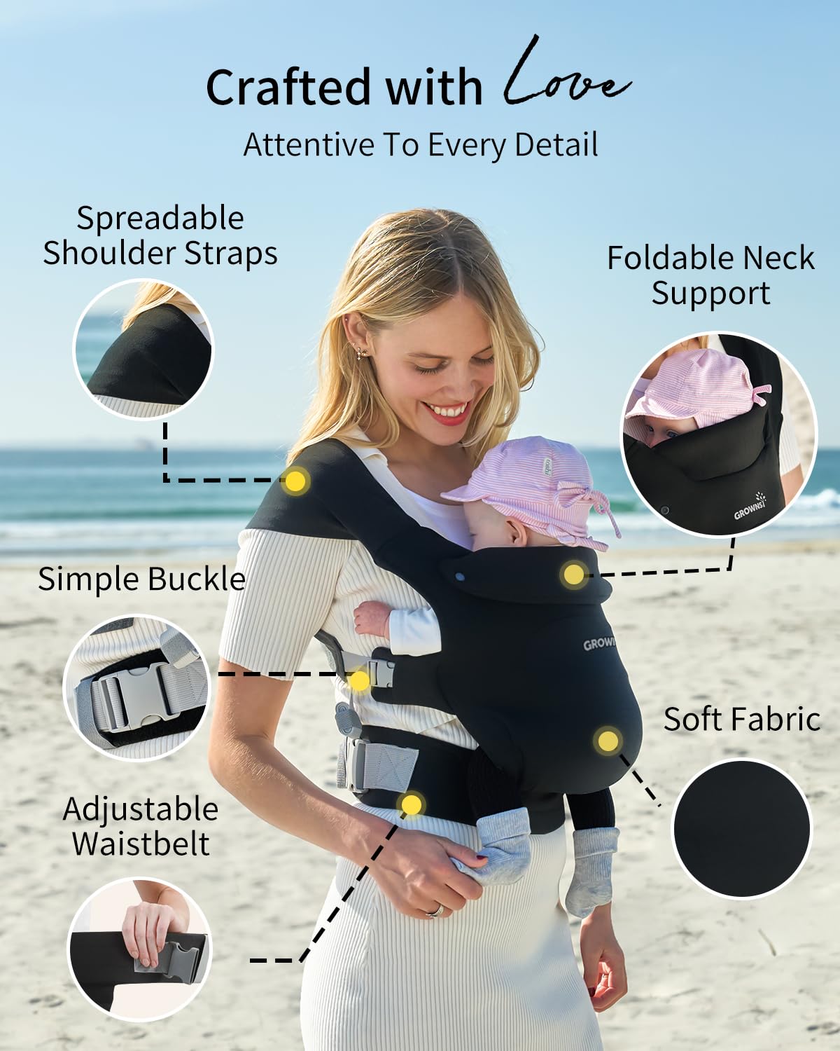 GROWNSY Baby Carrier in use demonstrates one-handed fastening for easy everyday wear.