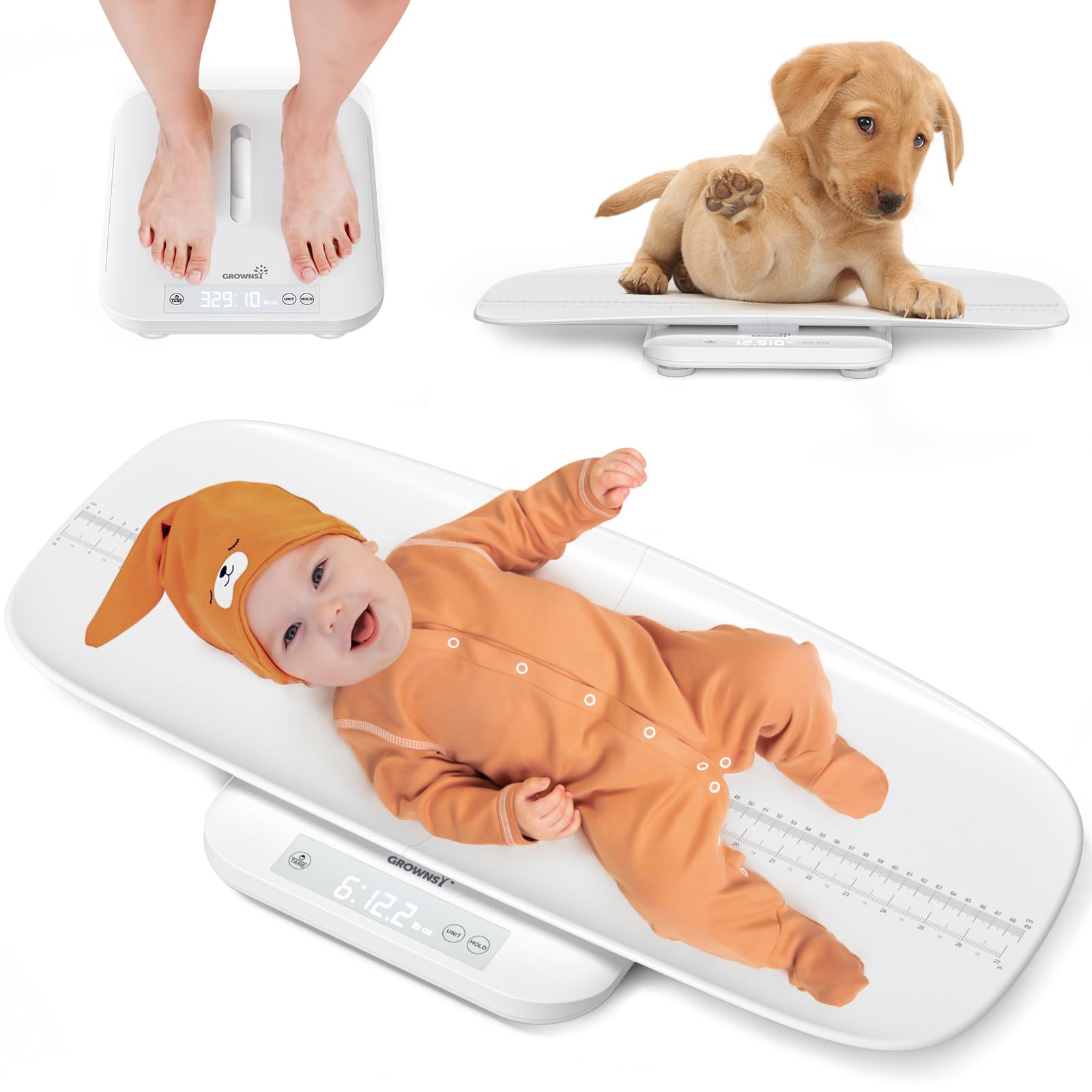 GROWNSY baby scale front view with clear readout for accurate infant measurements.