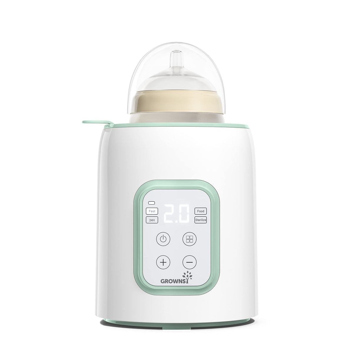GROWNSY bottle warmer front view showing compact bedside design for night feeds