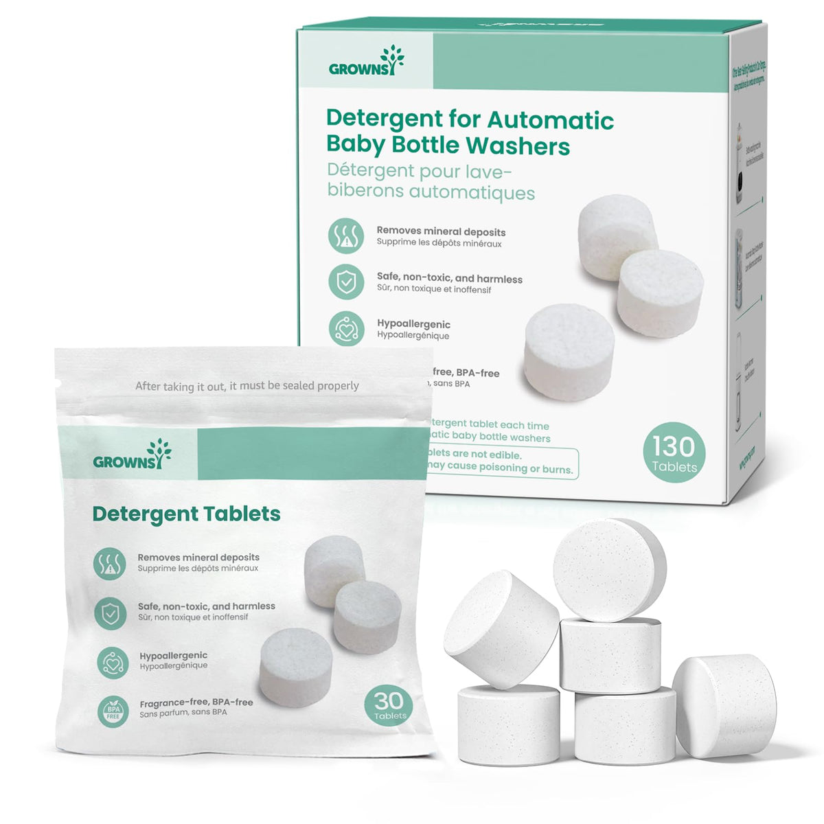 GROWNSY bottle washer tablets packaging shows resealable bags for travel-friendly cleaning.