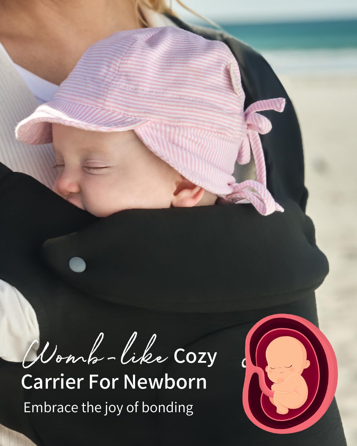 GROWNSY Baby Carrier ergonomic hip design shows natural M-position supporting baby's hips.
