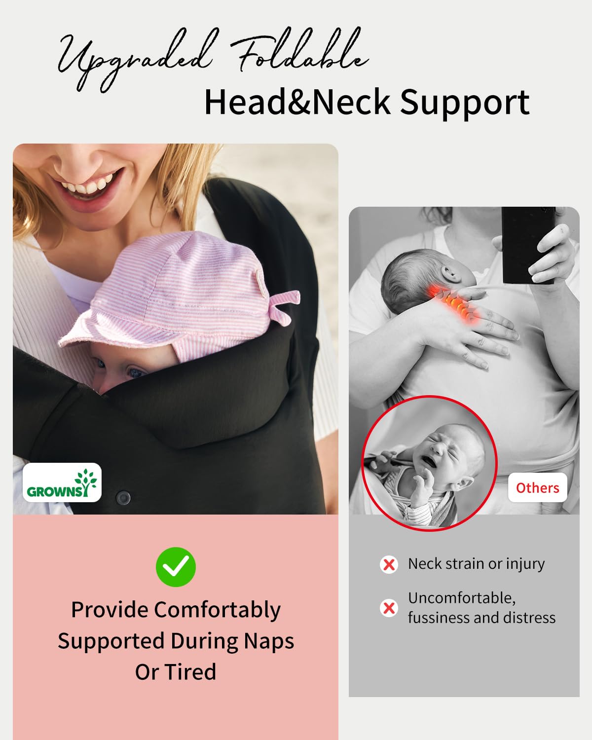 GROWNSY Head and Neck Support close-up illustrates foldable pad for growing infants.