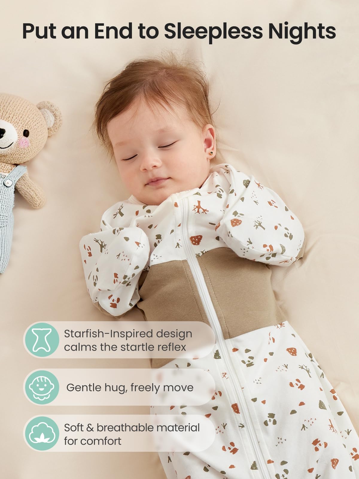 GROWNSY dual-zipper swaddle enables fast diaper changes in sleep.