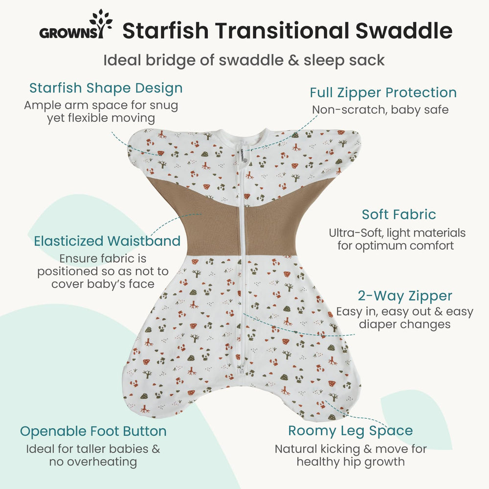 GROWNSY swaddle with foot-button design helps prevent overheating and allows flexible feet.