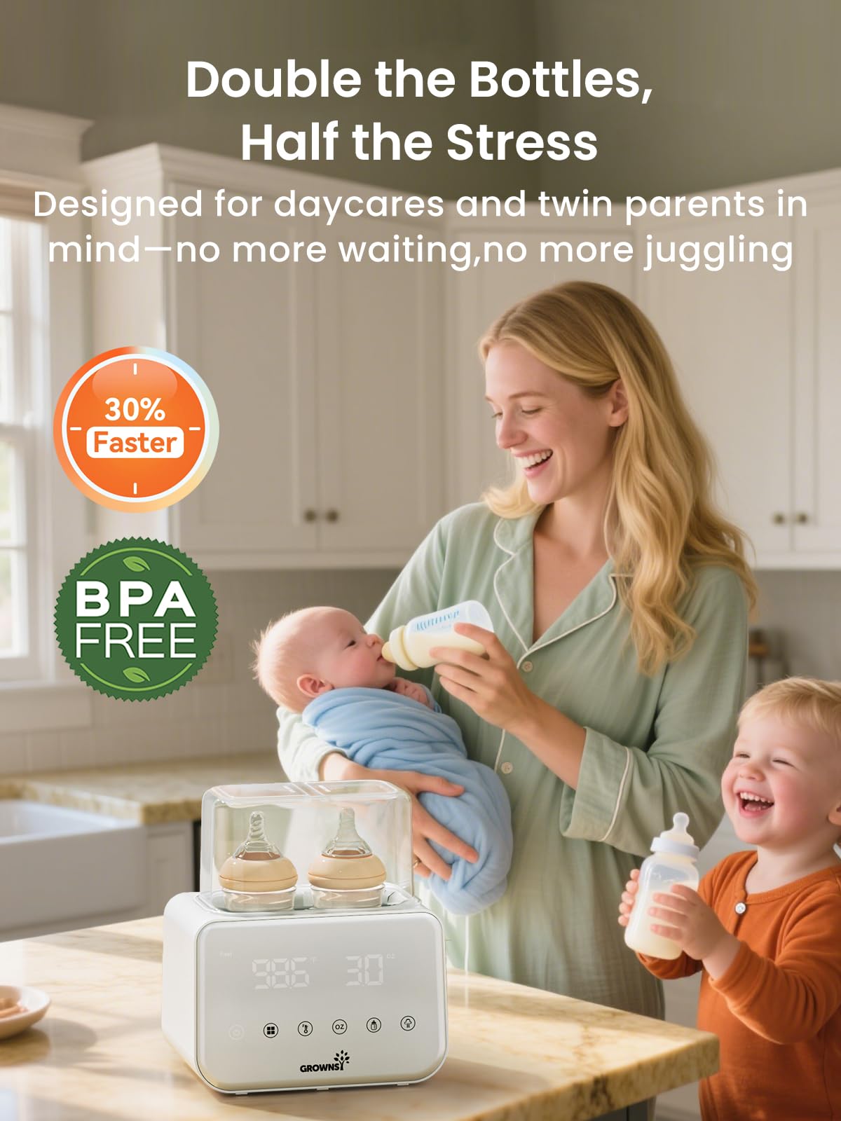 Grownsy 10-in-1 bottle warmer LCD display for precise control and convenient presets.