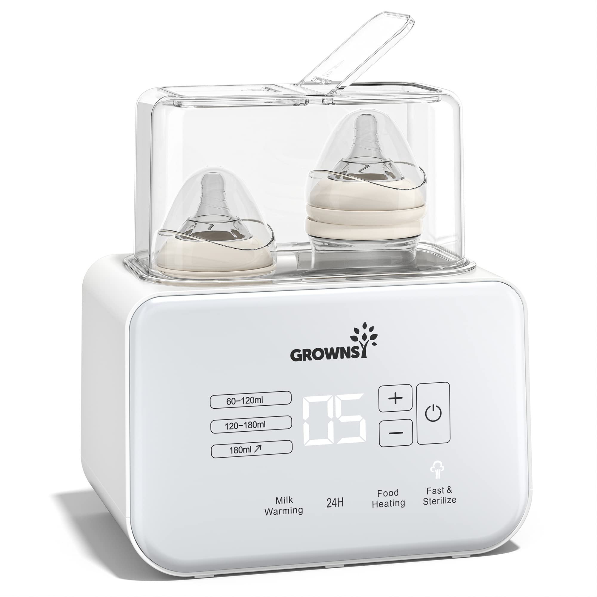 GROWNSY 8-in-1 bottle warmer front view showing compact design for quick milk warming.