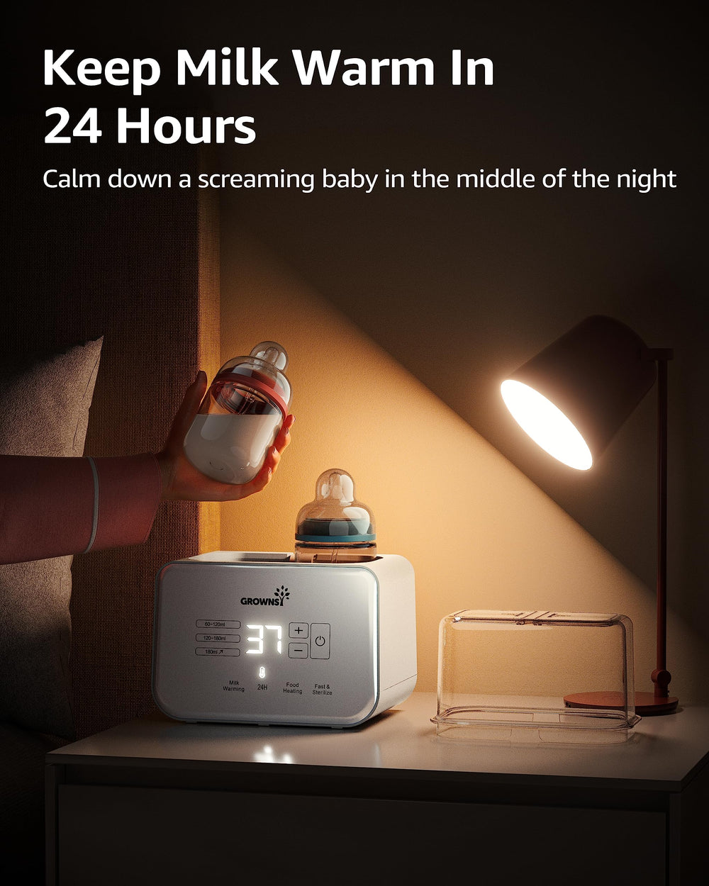 GROWNSY 8-in-1 keep-warm shot shows stable temperature during late-night feeds.