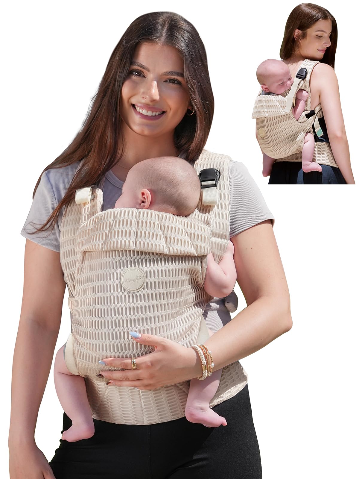 Grownsy baby carrier almond beige worn for everyday comfort and close contact.