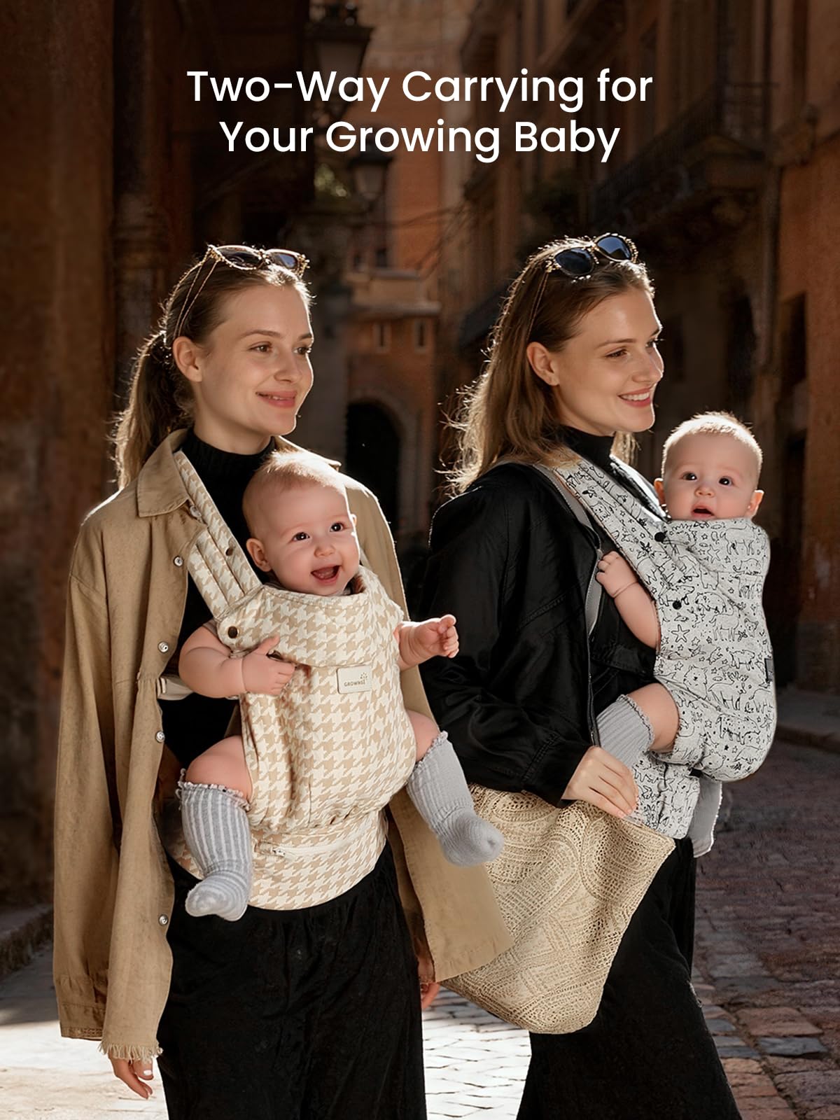 GROWNSY baby carrier shows ergonomic shoulder straps for easier all-day wear.