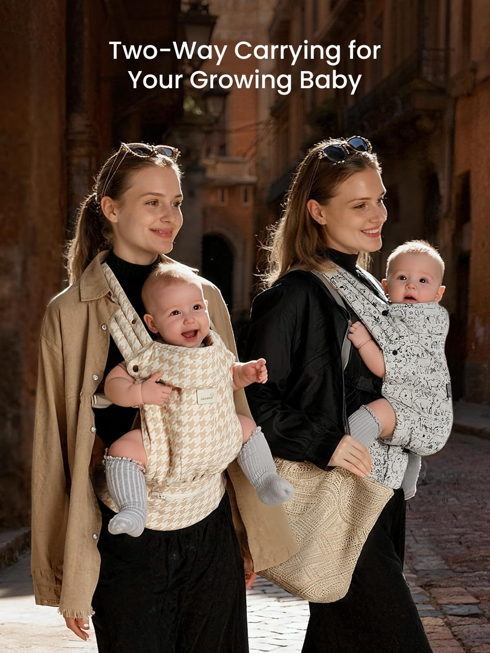 GROWNSY baby carrier shows ergonomic shoulder straps for easier all-day wear.
