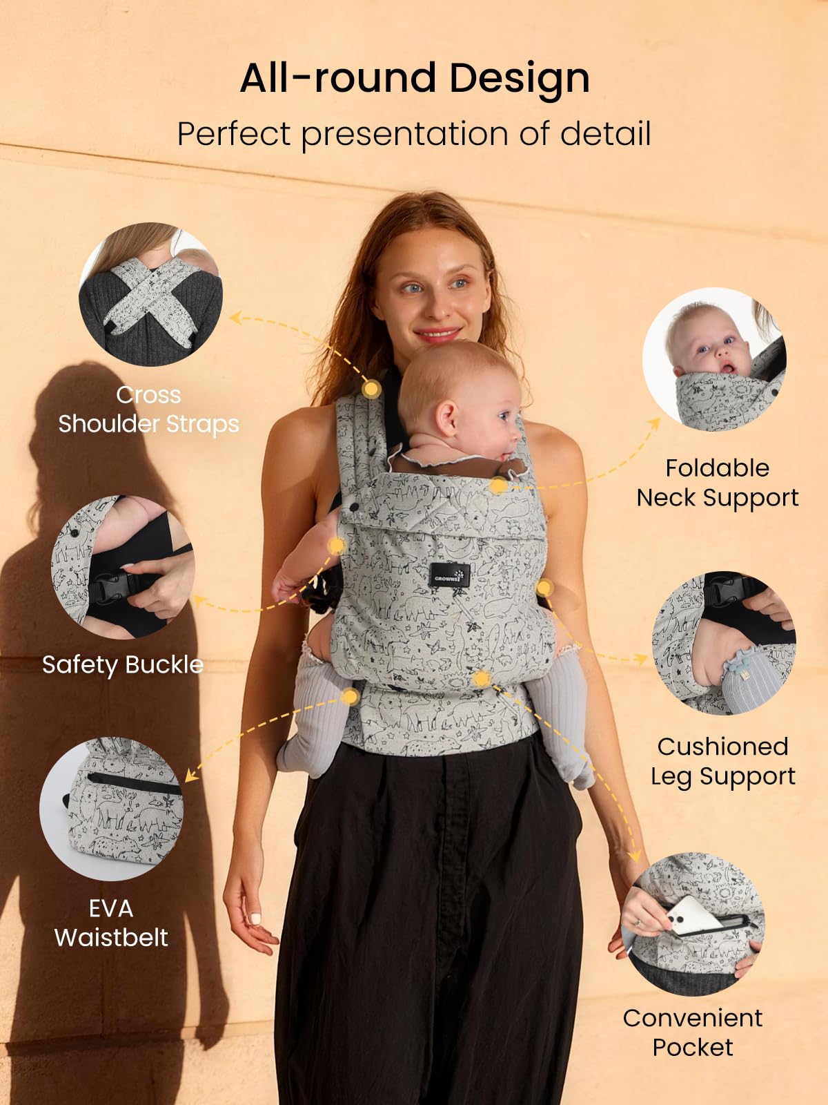 GROWNSY foldable head and neck support adapts to growing infant.