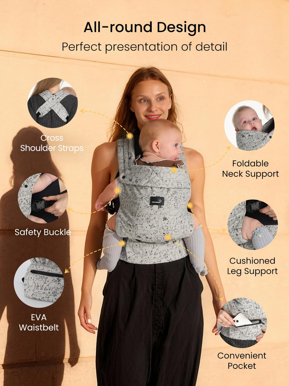 GROWNSY foldable head and neck support adapts to growing infant.