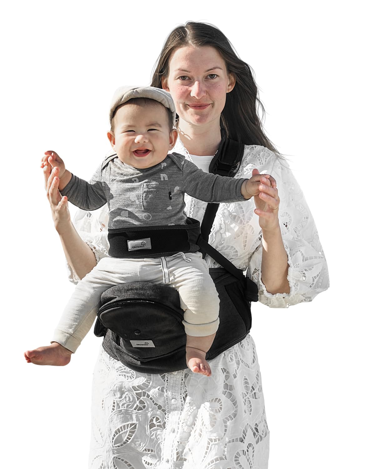 Grownsy baby hip carrier front view for comfy hugs and easy access