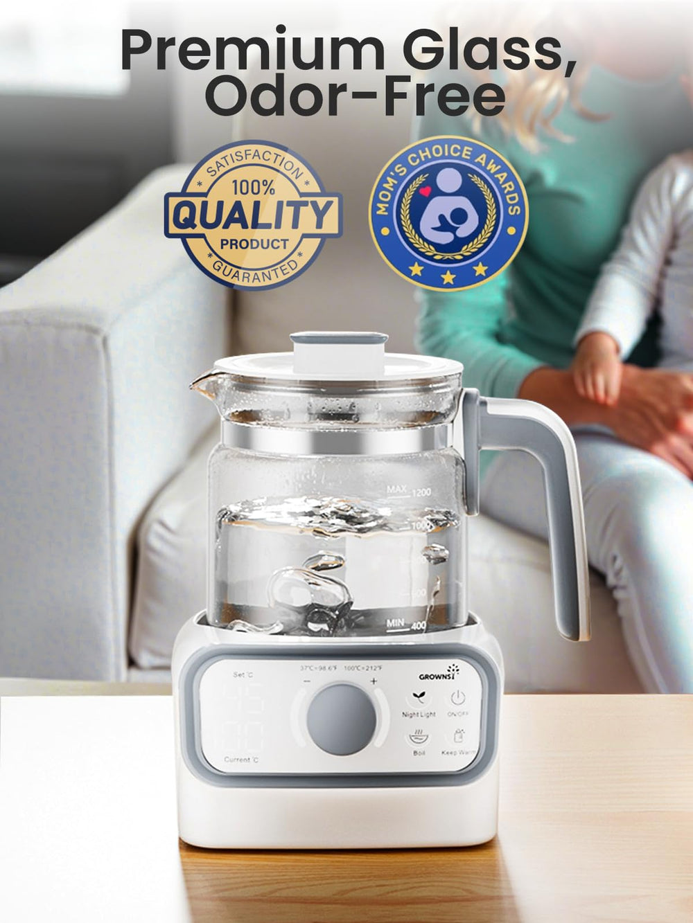 GROWNSY Baby Instant Warmer kitchen scene shows safe, easy use