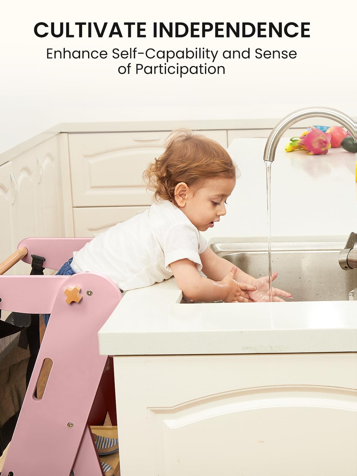 GROWNSY Beechwood Toddler Stool shows 3-height adjustment for growing kids.