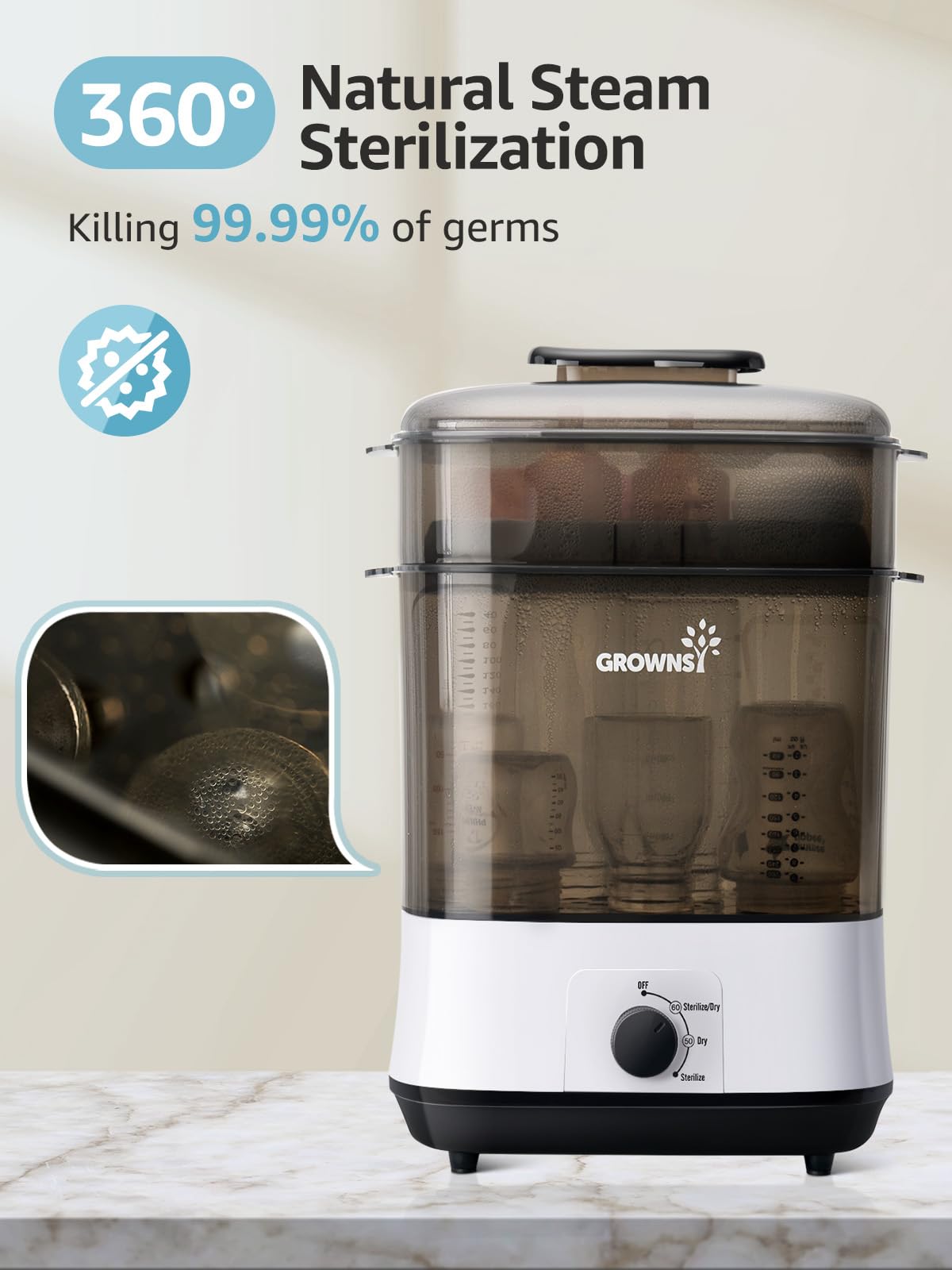 GROWNSY bottle sterilizer demonstrates 8-bottle capacity for multiple brands.