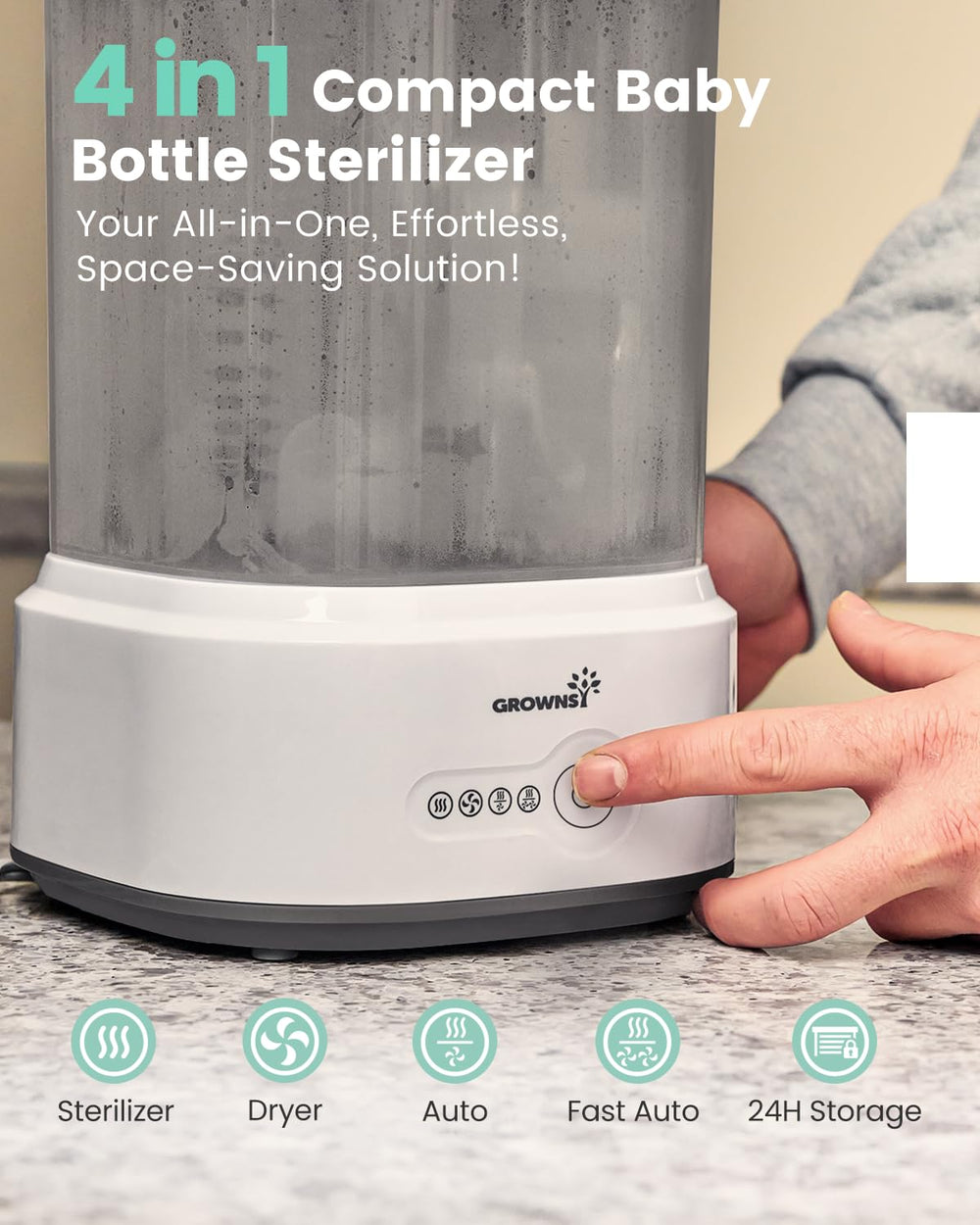 Grownsy Bottle Sterilizer drying function speeds post-feed cleanup.
