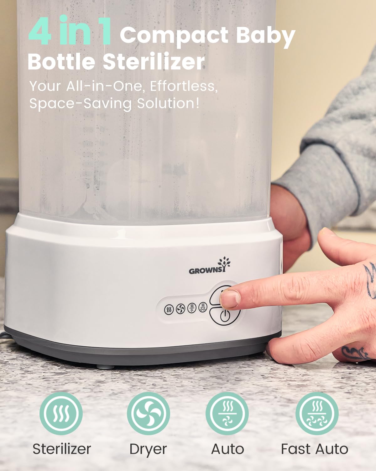 Grownsy bottle sterilizer drying function in action for quick post-sterilization dry