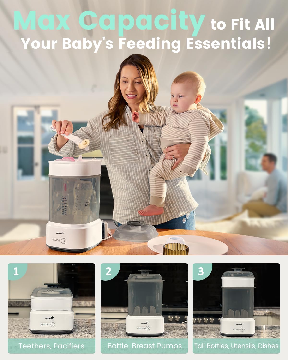 Grownsy Bottle Sterilizer multi-function use as sterilizer, dryer, or storage.