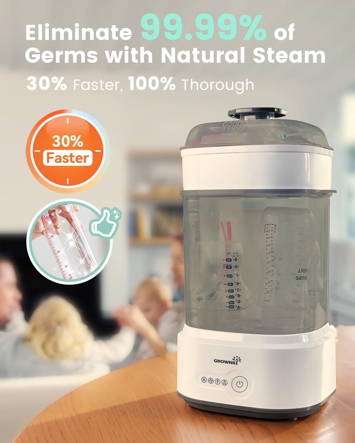 Grownsy Bottle Sterilizer universal fit accommodates bottles, pacifiers, and pump parts.