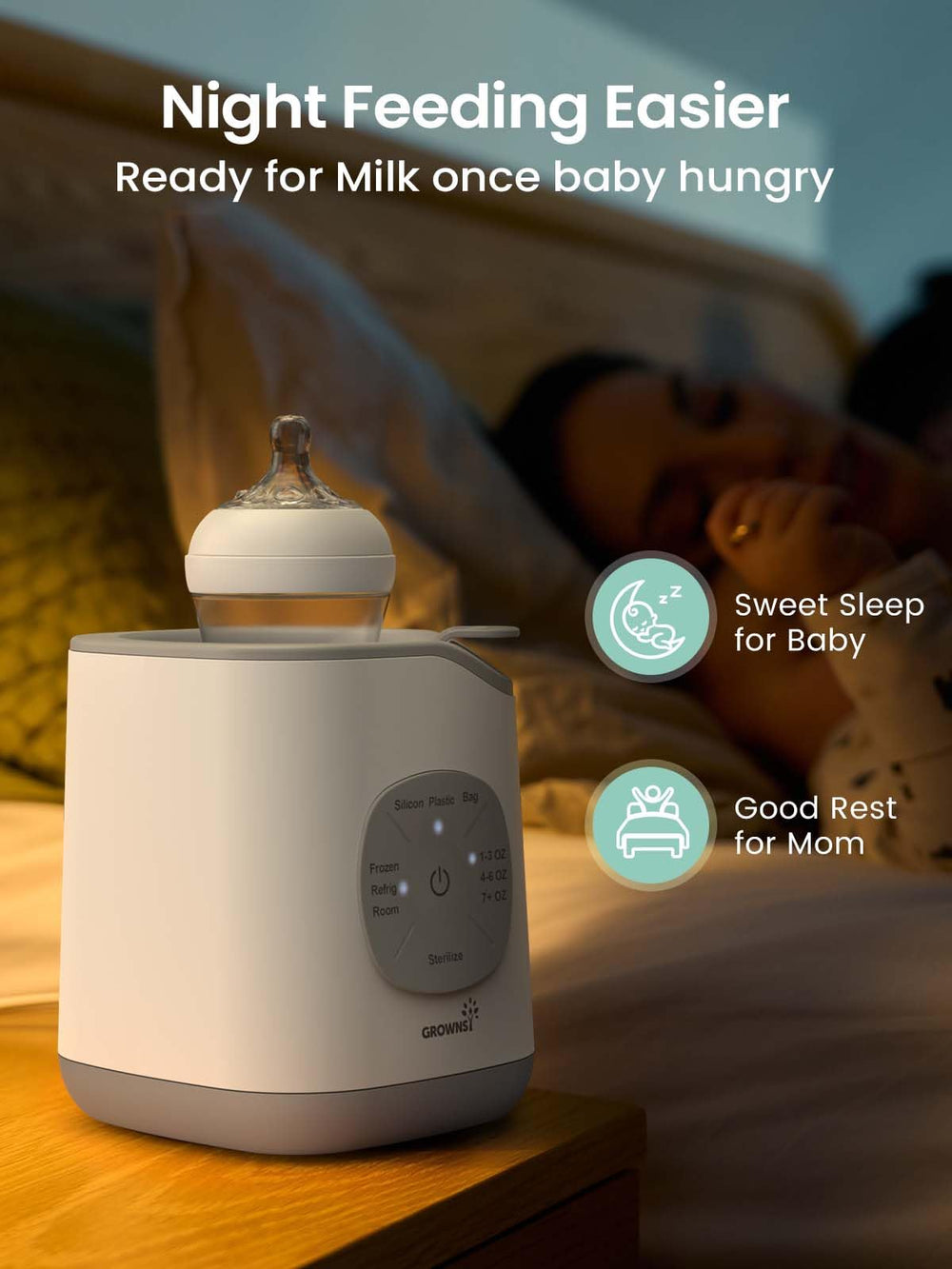 GROWNSY Bottle Warmer keeps milk warm for longer feeding sessions.