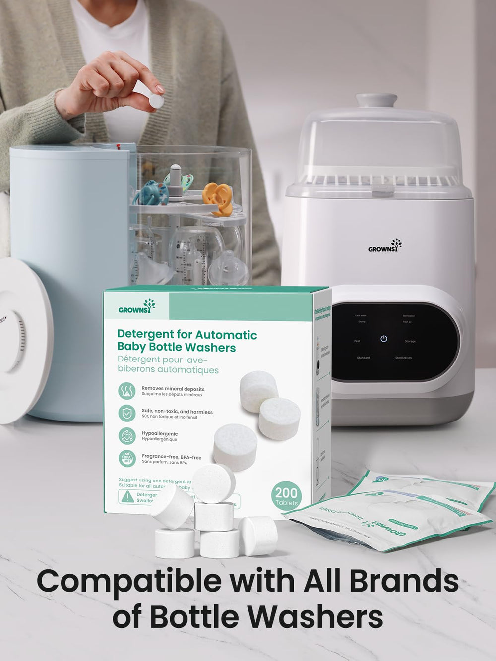GROWNSY bottle-washer-tablets-bottle-parts: safe, residue-free formula for bottles and pump parts.
