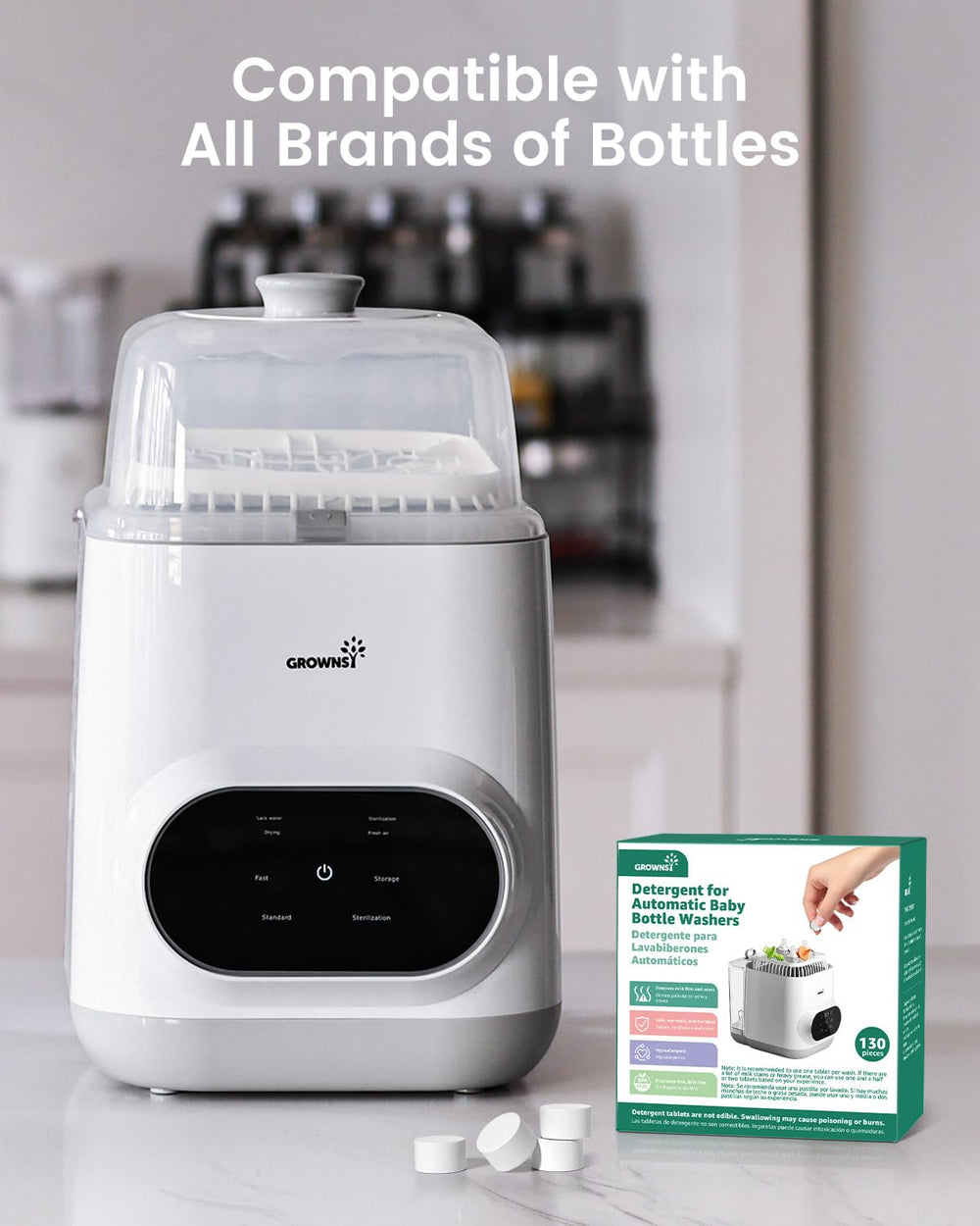 GROWNSY detergent tablets used with baby bottles and pump parts for cleaning.