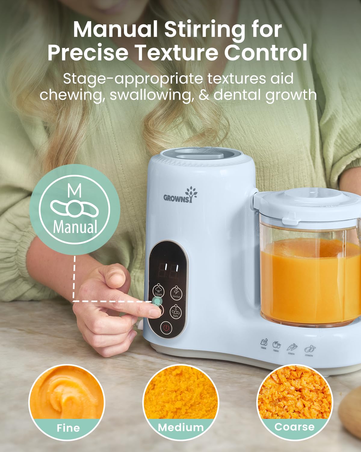 Grownsy digital controls blue highlight auto and manual mixing options.