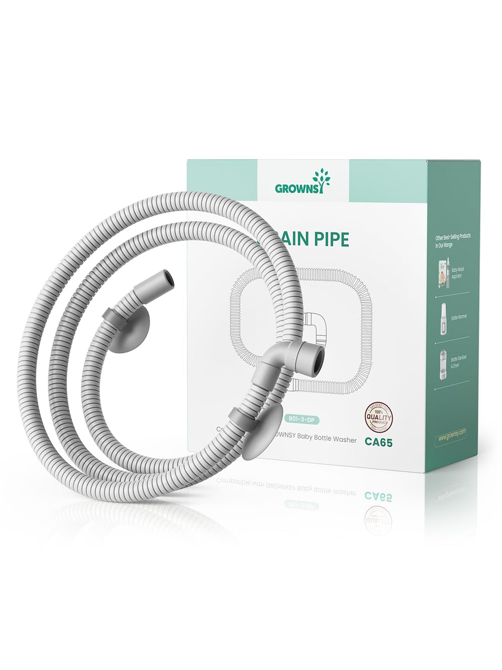 GROWNSY drain hose 1m shows EaseClean connection for secure, leak-free drainage.