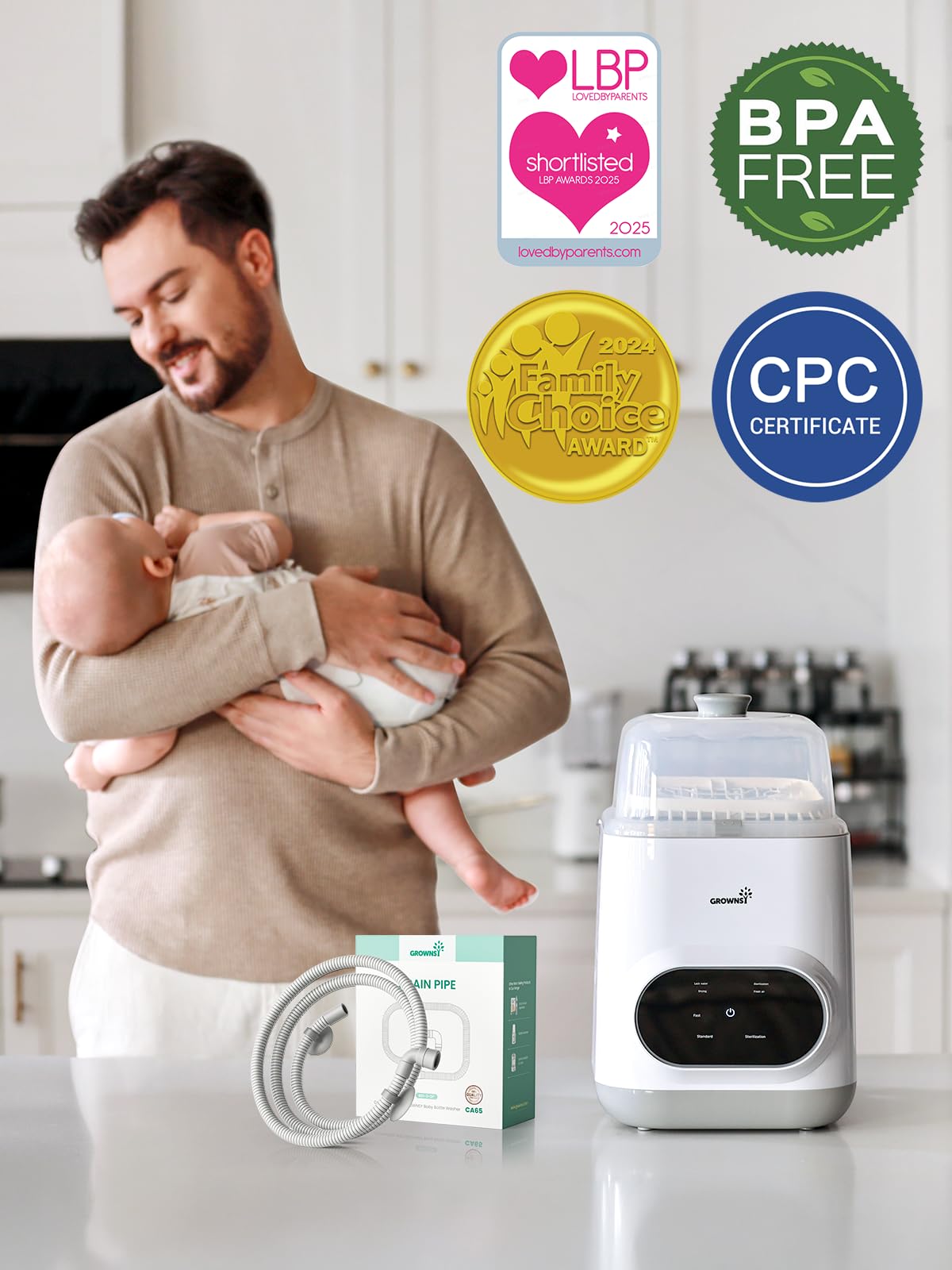 GROWNSY drain hose as bottle washer accessory for easy drainage.