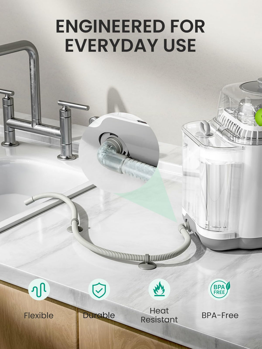 GROWNSY drain hose interior is smooth to prevent residue buildup.