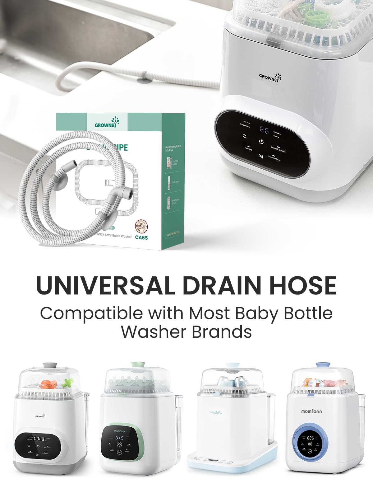 GROWNSY drain hose with suction cups secures placement during operation.