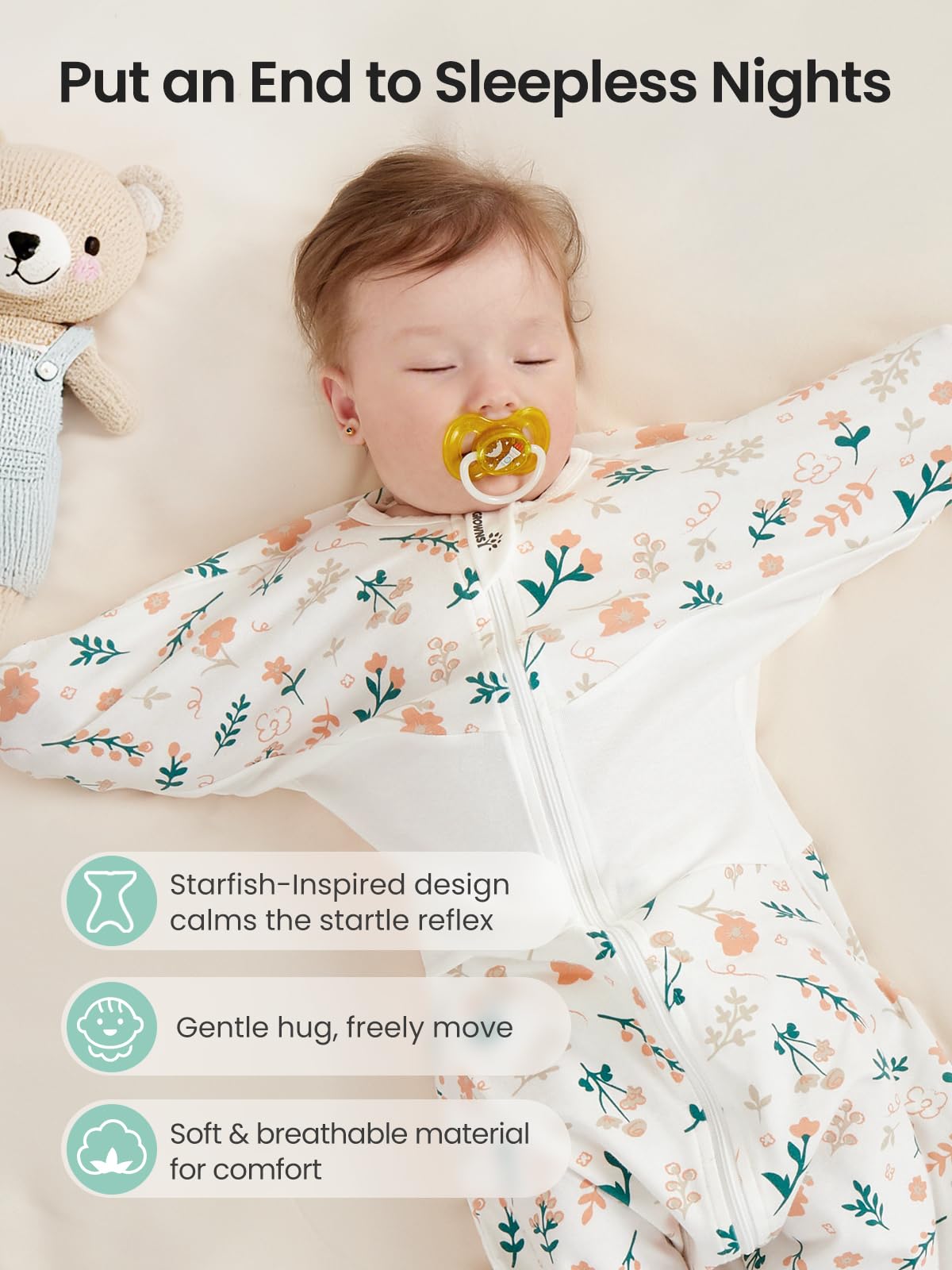 GROWNSY dual-zipper swaddle enables quick, quiet diaper changes.