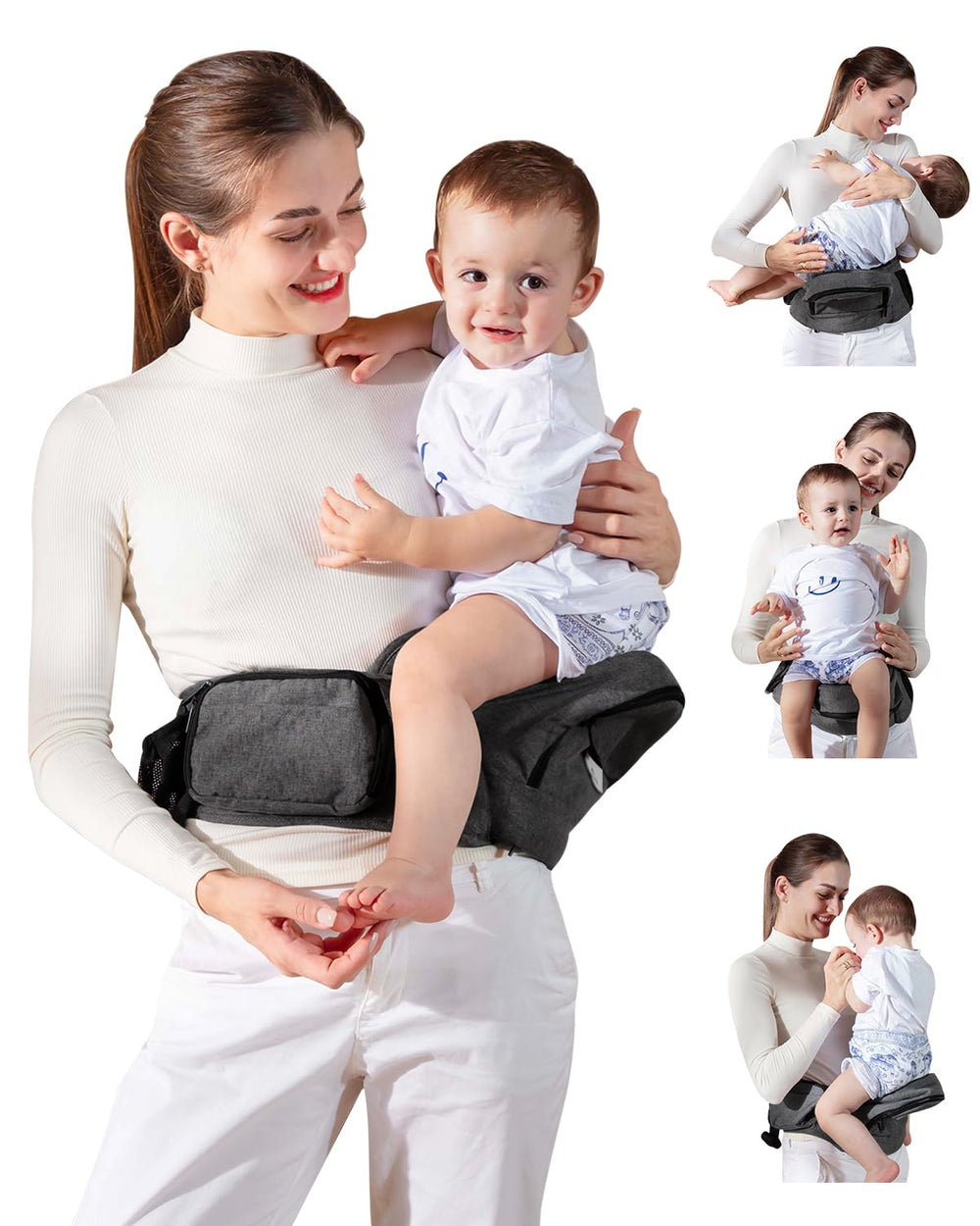 GROWNSY ergonomic hip-seat demonstrates comfortable carry for parent and baby on daily errands.